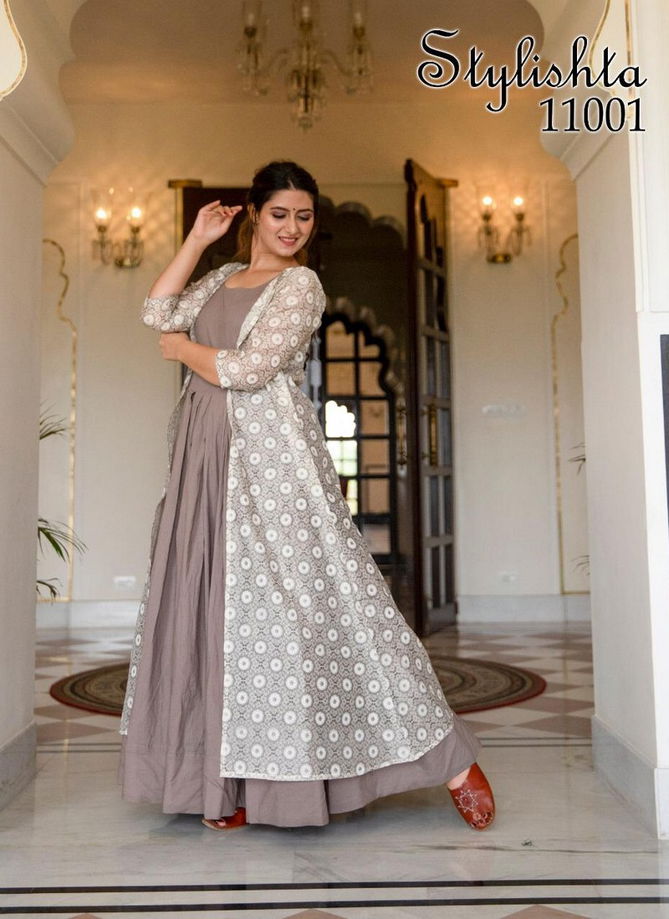 STYLISHTA STYLISHTA VOL-11 Fancy Festive Long Flair Stylish Gown With Digital Print Jacket Design Pure Maslin Collection